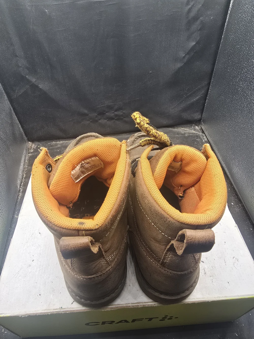 Craft Men's Brown Work Boots with Orange Collar and Yellow Accent Laces